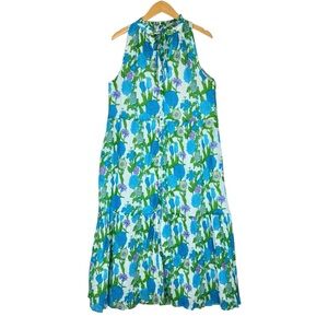 Olivia James The Label Ro Long Maxi Dress Mod Floral Aqua Print Sz MD V Neck